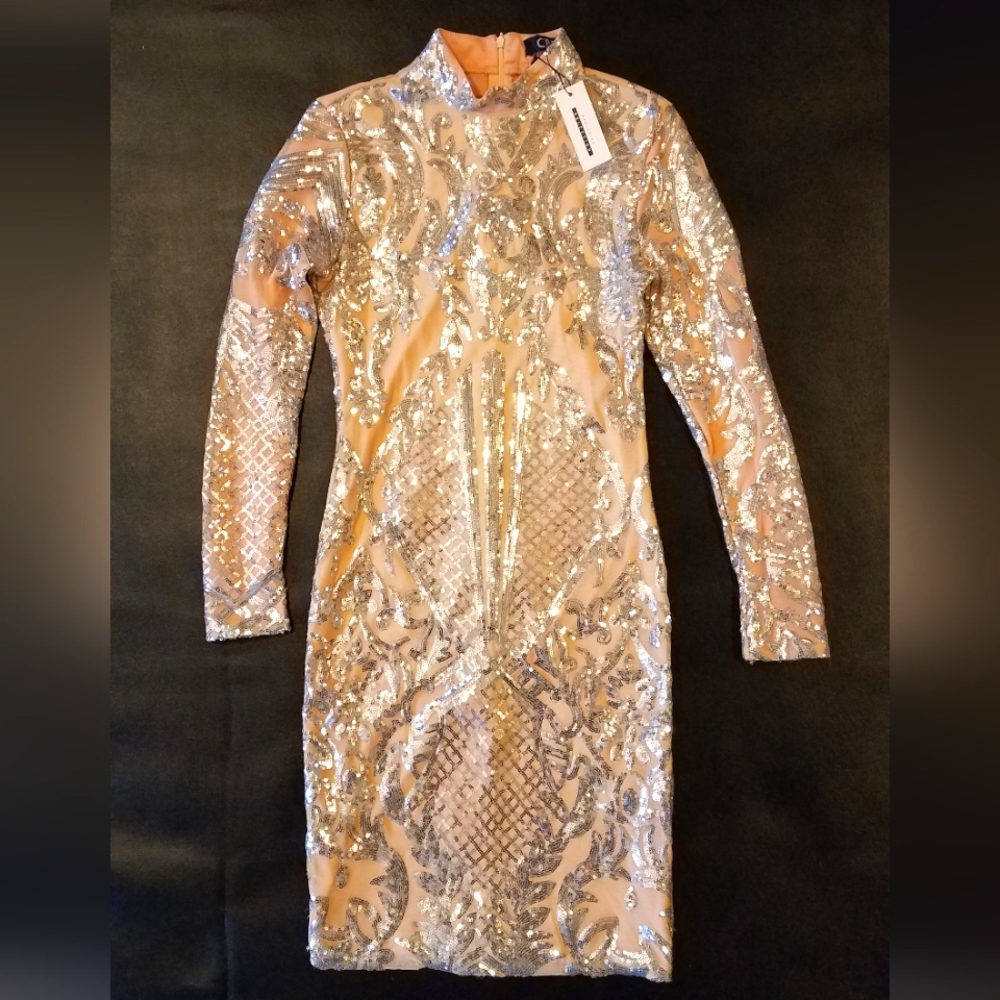 Nude metallic long sleeved dress